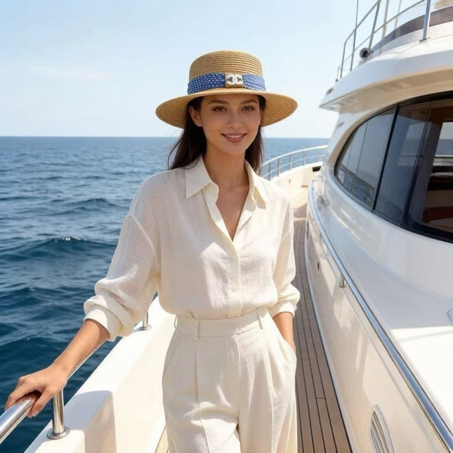 CHANEL 26S BOATER STRAW HAT WITH CRYSTAL-EMBELLISHED CC LOGO 338040