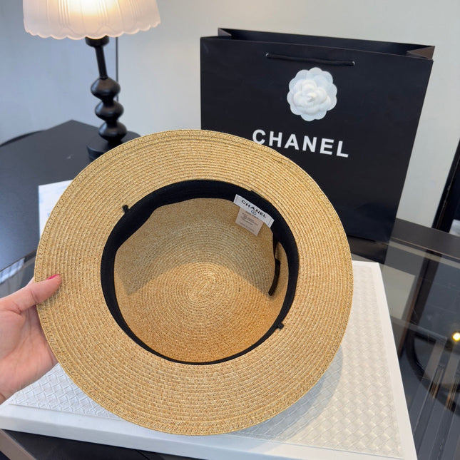 CHANEL 26S BOATER STRAW HAT WITH CRYSTAL-EMBELLISHED CC LOGO 338040