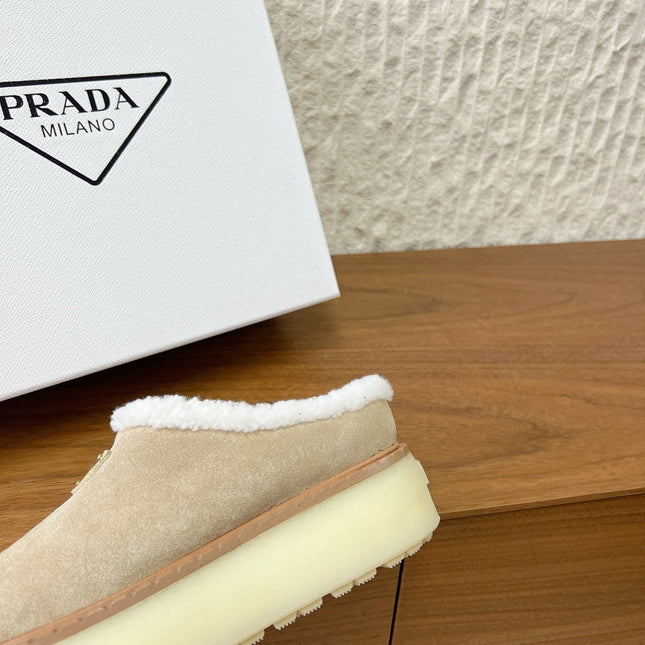 PRADA 25S PLATFORM FUR-LINED MULES IN WARM BEIGE SUEDE