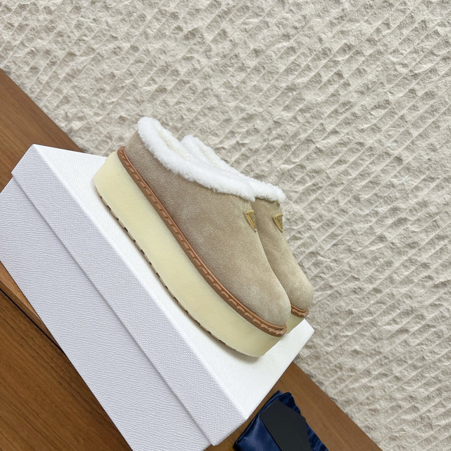 PRADA 25S PLATFORM FUR-LINED MULES IN WARM BEIGE SUEDE