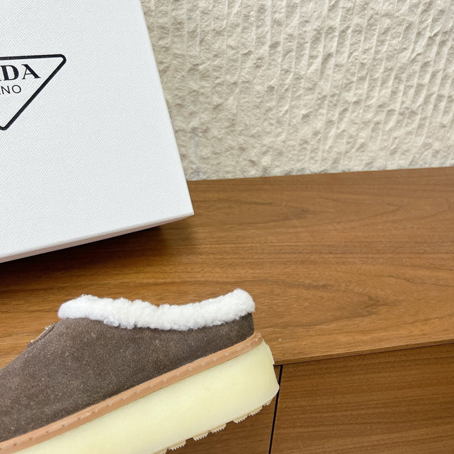 PRADA 25S PLATFORM FUR-LINED MULES IN EARTH BROWN SUEDE
