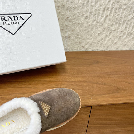 PRADA 25S PLATFORM FUR-LINED MULES IN EARTH BROWN SUEDE