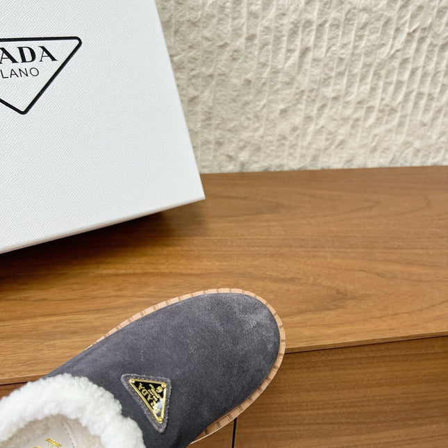 PRADA 25S PLATFORM FUR-LINED MULES IN DARK GREY SUEDE