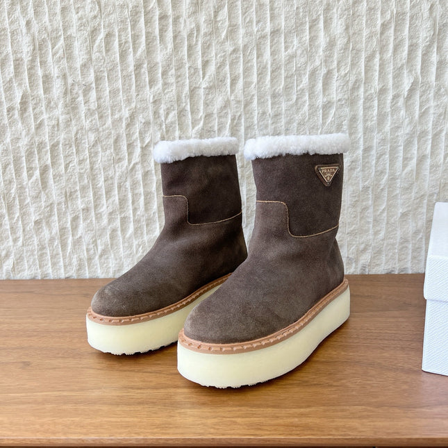 PRADA 25S ANKLE BOOTS 40 MM IN MUTED BROWN GRAY SUEDE SHEARLING-LINED