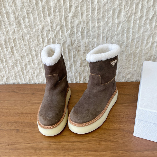 PRADA 25S ANKLE BOOTS 40 MM IN MUTED BROWN GRAY SUEDE SHEARLING-LINED