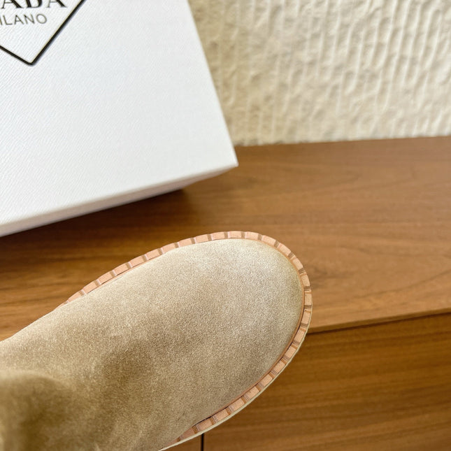 PRADA 25S ANKLE BOOTS 40 MM IN TAUPE BROWN SUEDE SHEARLING-LINED