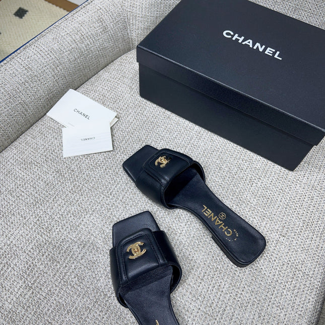 CHANEL 26S FLAT SLIDES IN BLACK LAMBSKIN