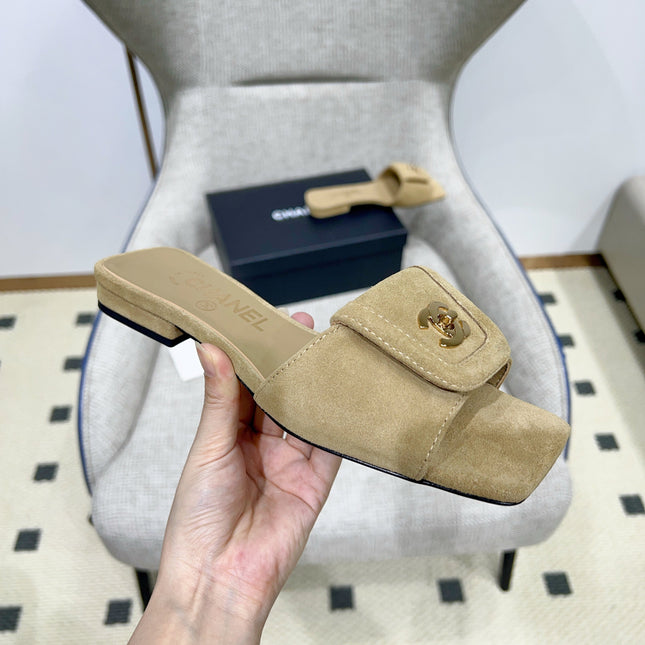 CHANEL 26S FLAT SLIDES IN BEIGE SUEDE