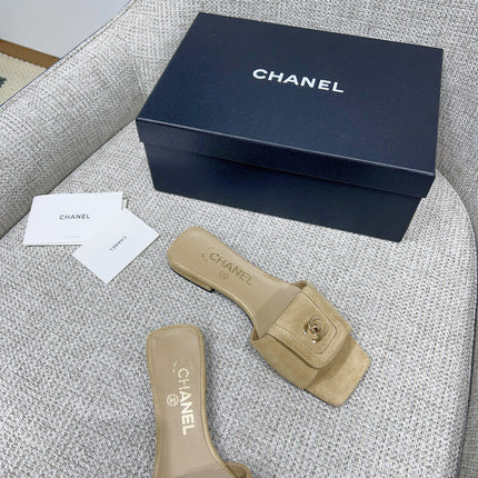 CHANEL 26S FLAT SLIDES IN BEIGE SUEDE