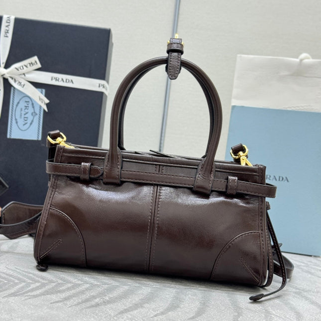 PRADA 25S BONNIE MINI HANDBAG 23 IN DARK BROWN CALFSKIN GOLD HARDWARE