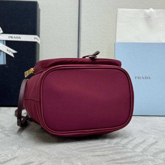 PRADA 25S DUET BUCKET BAG 23 IN BURGUNDY RE-NYLON GOLD HARDWARE