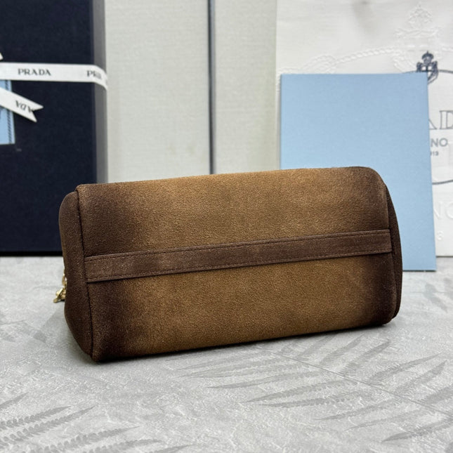 PRADA 25S ENCHAINE MINI BAG 22 IN CARAMEL BROWN SUEDE GOLD HARDWARE