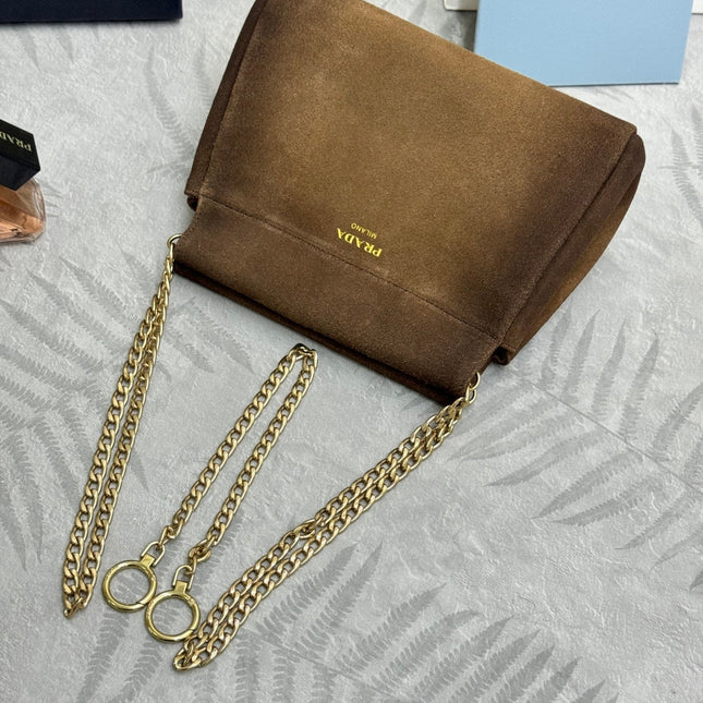 PRADA 25S ENCHAINE MINI BAG 22 IN CARAMEL BROWN SUEDE GOLD HARDWARE