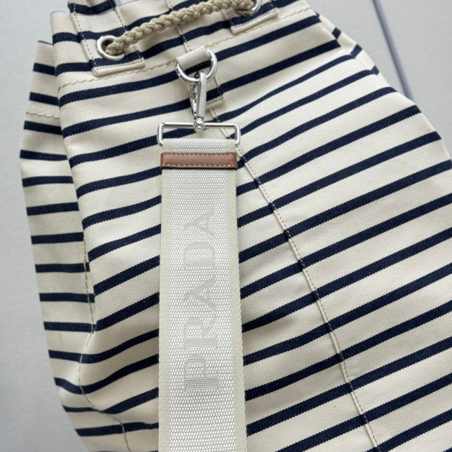 PRADA 25S DRAWSTRING BACKPACK 55 IN HORIZONTAL STRIPES CANVAS SILVER HARDWARE