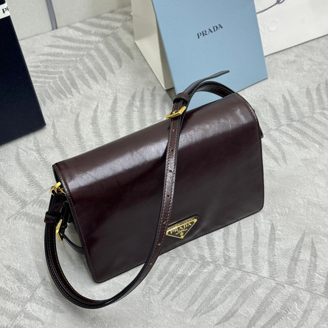 PRADA 25S SHOULDER BAG 23 IN DARK BROWN CALFSKIN GOLD HARDWARE