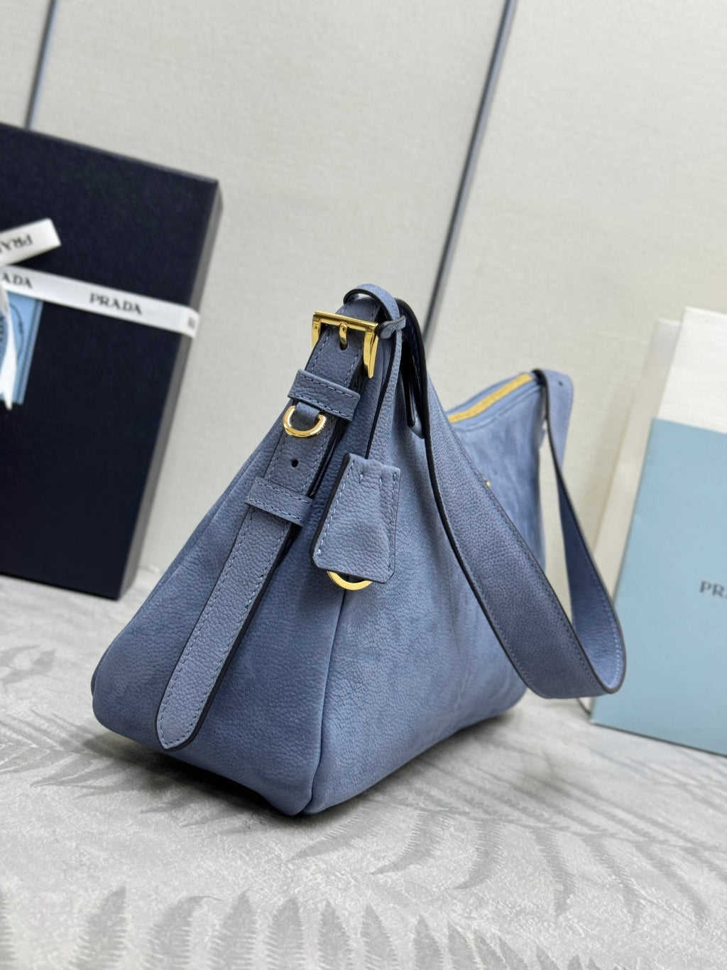 PRADA 26S SHOULDER BAG 36 IN DUSTY BLUE LEATHER
