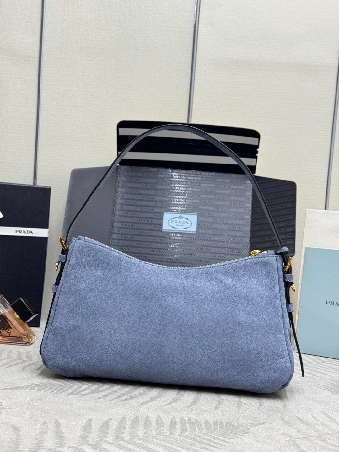PRADA 26S SHOULDER BAG 36 IN DUSTY BLUE LEATHER