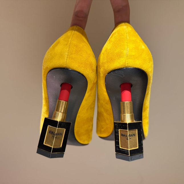 BALMAIN 26S HIGH HEELS 100 MM IN SUNFLOWER YELLOW SUEDE