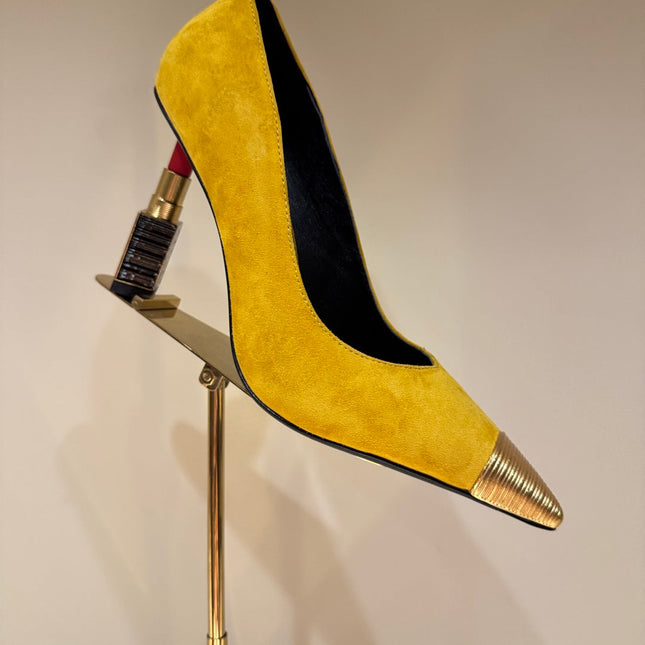 BALMAIN 26S HIGH HEELS 100 MM IN SUNFLOWER YELLOW SUEDE