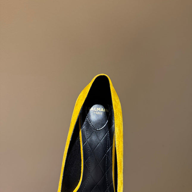 BALMAIN 26S HIGH HEELS 100 MM IN SUNFLOWER YELLOW SUEDE