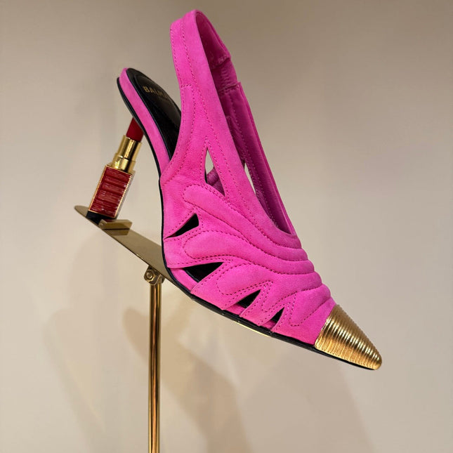 BALMAIN 26S SLINGBACK HEELS 100 MM IN DARK PINK SUEDE