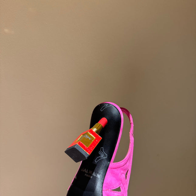 BALMAIN 26S SLINGBACK HEELS 100 MM IN DARK PINK SUEDE