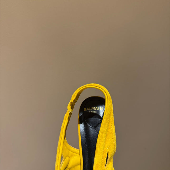 BALMAIN 26S SLINGBACK HEELS 100 MM IN SUNFLOWER YELLOW SUEDE