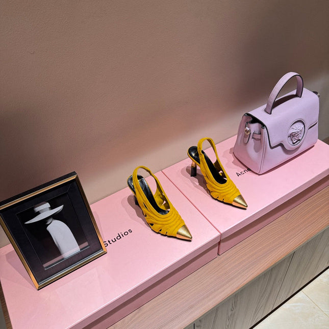 BALMAIN 26S SLINGBACK HEELS 100 MM IN SUNFLOWER YELLOW SUEDE