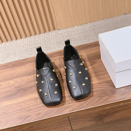 CHLOE 26S STUDDED LOAFERS IN BLACK CALFSKIN