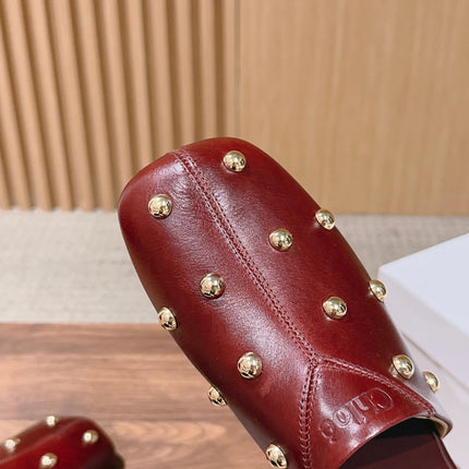 CHLOE 26S STUDDED FLAT MULES IN BURGUNDY CALFSKIN
