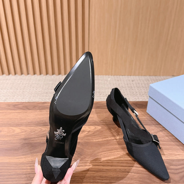 PRADA 26S SLINGBACK KITTEN HEELS 45MM IN BLACK FABRIC STRAP BUCKLE