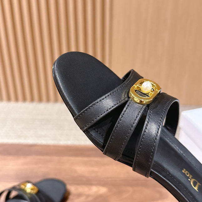 DIOR 26S MID HEEL SANDALS IN BLACK CALFSKIN MULTI STRAP GOLD HARDWARE