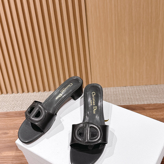 DIOR 26S LOW HEEL SLIDE SANDALS IN BLACK CALFSKIN PEARL GOLD BUCKLE