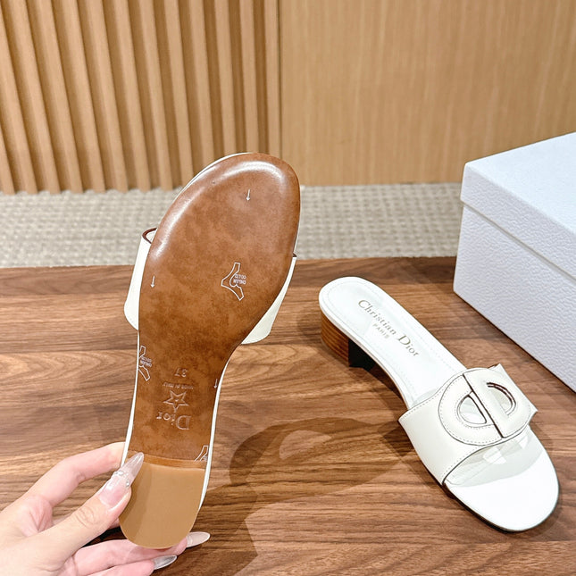 DIOR 26S LOW HEEL SLIDE SANDALS IN WHITE CALFSKIN PEARL GOLD BUCKLE