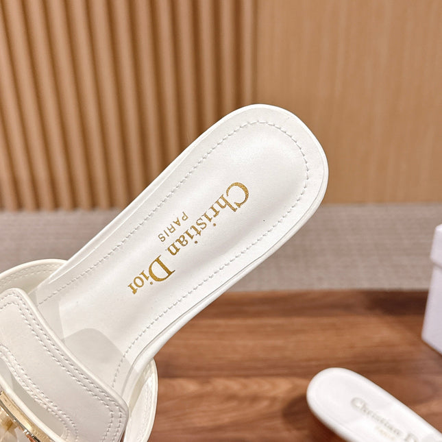 DIOR 26S LOW HEEL SLIDE SANDALS IN WHITE CALFSKIN GOLD PEARL BUCKLE