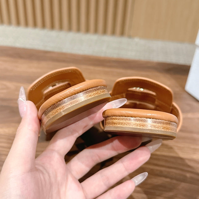 DIOR 26S WIDE STRAP SLIDE SANDALS IN CARAMEL BROWN CALFSKIN PEARL GOLD BUCKLE