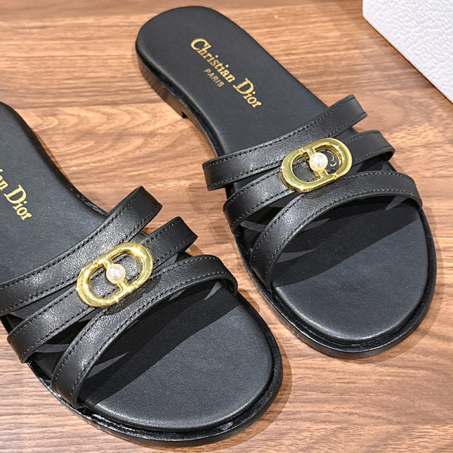 DIOR 26S MULTI STRAP SLIDE SANDALS IN BLACK CALFSKIN GOLD BUCKLE