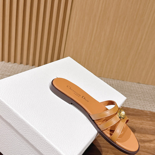 DIOR 26S MULTI STRAP SLIDE SANDALS IN CARAMEL BROWN CALFSKIN GOLD BUCKLE