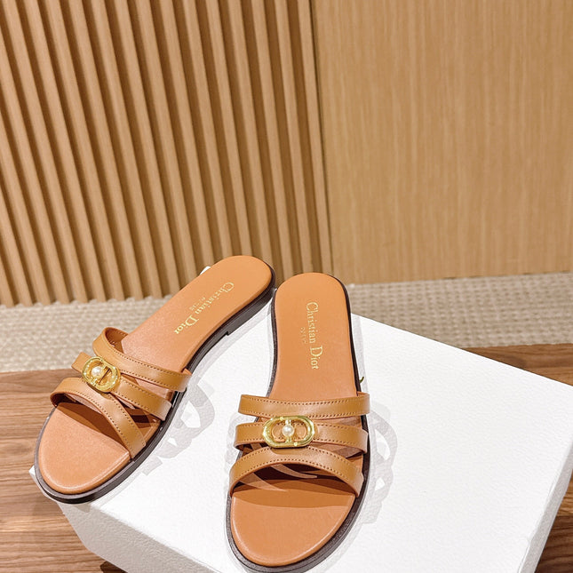 DIOR 26S MULTI STRAP SLIDE SANDALS IN CARAMEL BROWN CALFSKIN GOLD BUCKLE