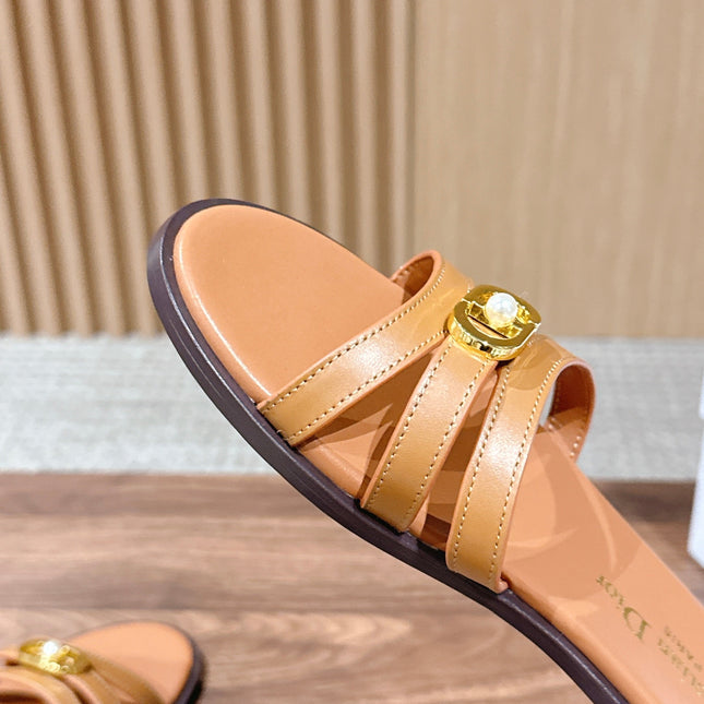 DIOR 26S MULTI STRAP SLIDE SANDALS IN CARAMEL BROWN CALFSKIN GOLD BUCKLE