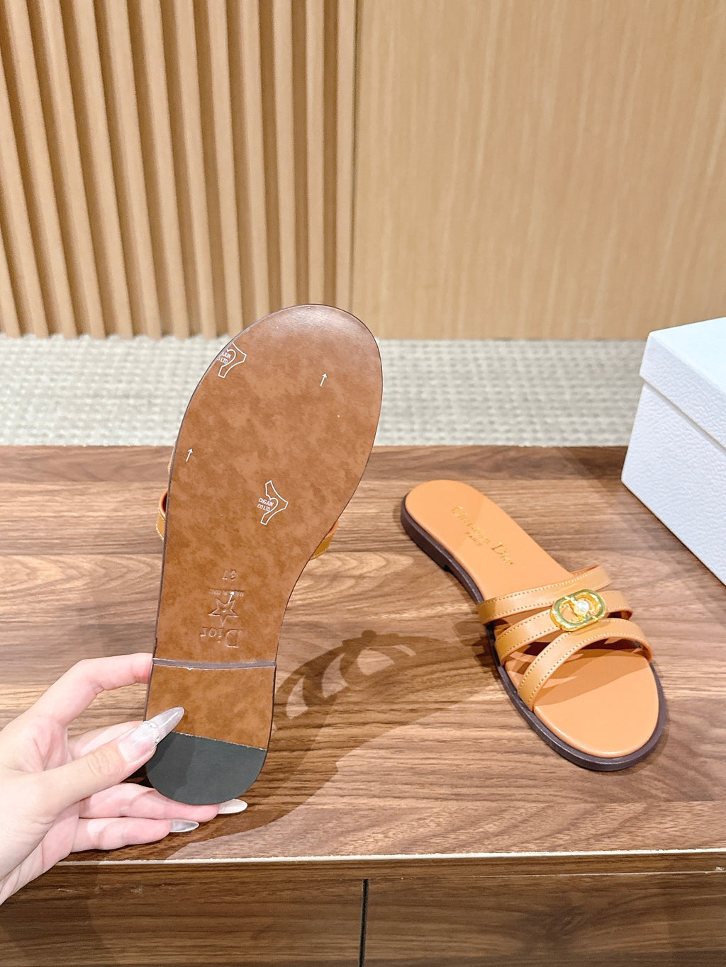 DIOR 26S MULTI STRAP SLIDE SANDALS IN CARAMEL BROWN CALFSKIN GOLD BUCKLE