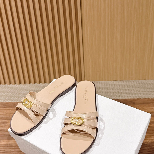 DIOR 26S MULTI STRAP SLIDE SANDALS IN BEIGE CALFSKIN GOLD BUCKLE