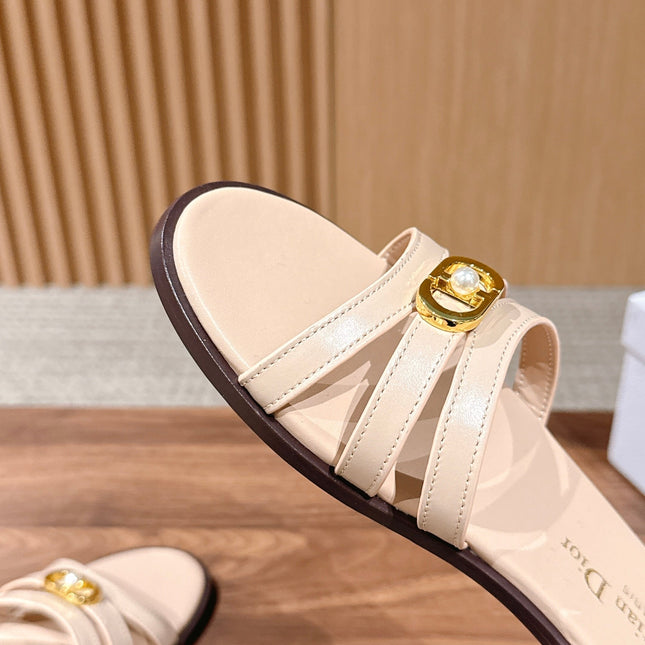 DIOR 26S MULTI STRAP SLIDE SANDALS IN BEIGE CALFSKIN GOLD BUCKLE