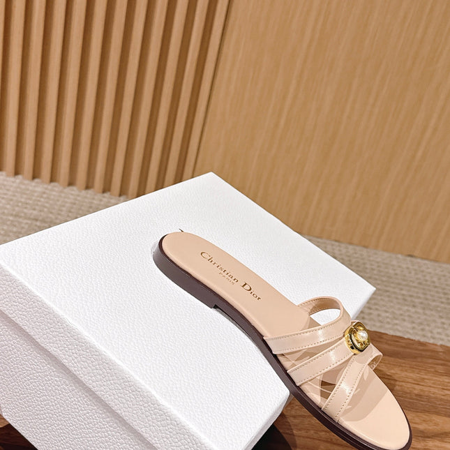 DIOR 26S MULTI STRAP SLIDE SANDALS IN BEIGE CALFSKIN GOLD BUCKLE