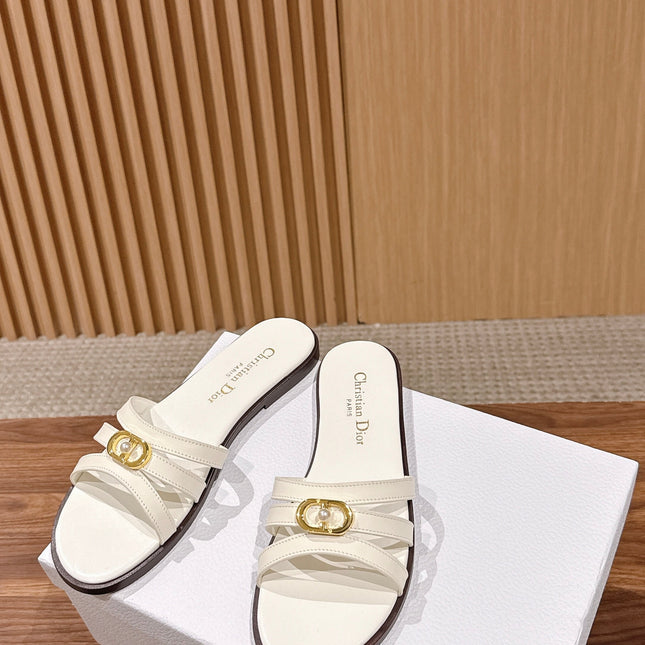 DIOR 26S MULTI STRAP SLIDE SANDALS IN WHITE CALFSKIN GOLD BUCKLE