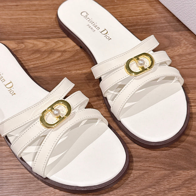 DIOR 26S MULTI STRAP SLIDE SANDALS IN WHITE CALFSKIN GOLD BUCKLE