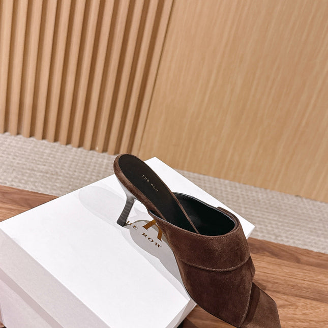 THE ROW 26S BUTTON DETAIL MULE SANDALS IN BROWN SUEDE