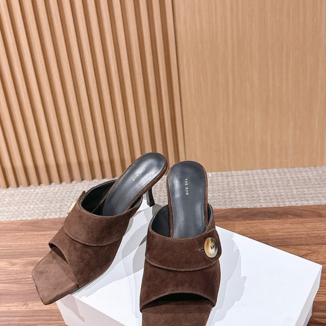 THE ROW 26S BUTTON DETAIL MULE SANDALS IN BROWN SUEDE