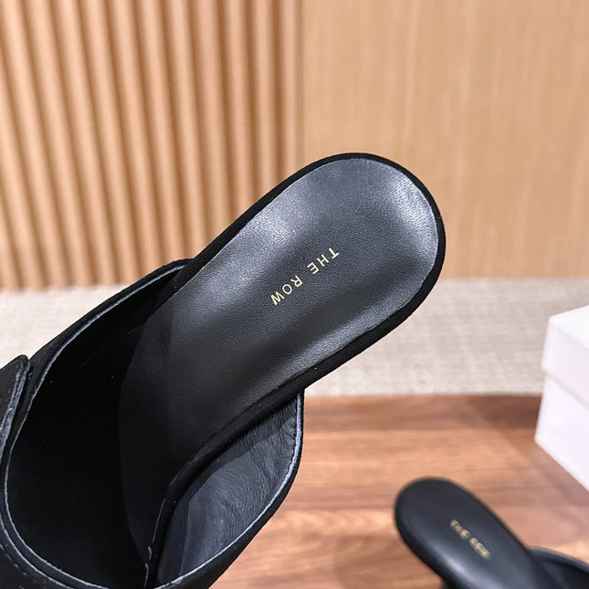 THE ROW 26S BUTTON DETAIL MULE SANDALS IN BLACK SUEDE
