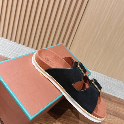 LP 26S DOUBLE BUCKLE SLIDES IN BLACK SUEDE GOLD HARDWARE